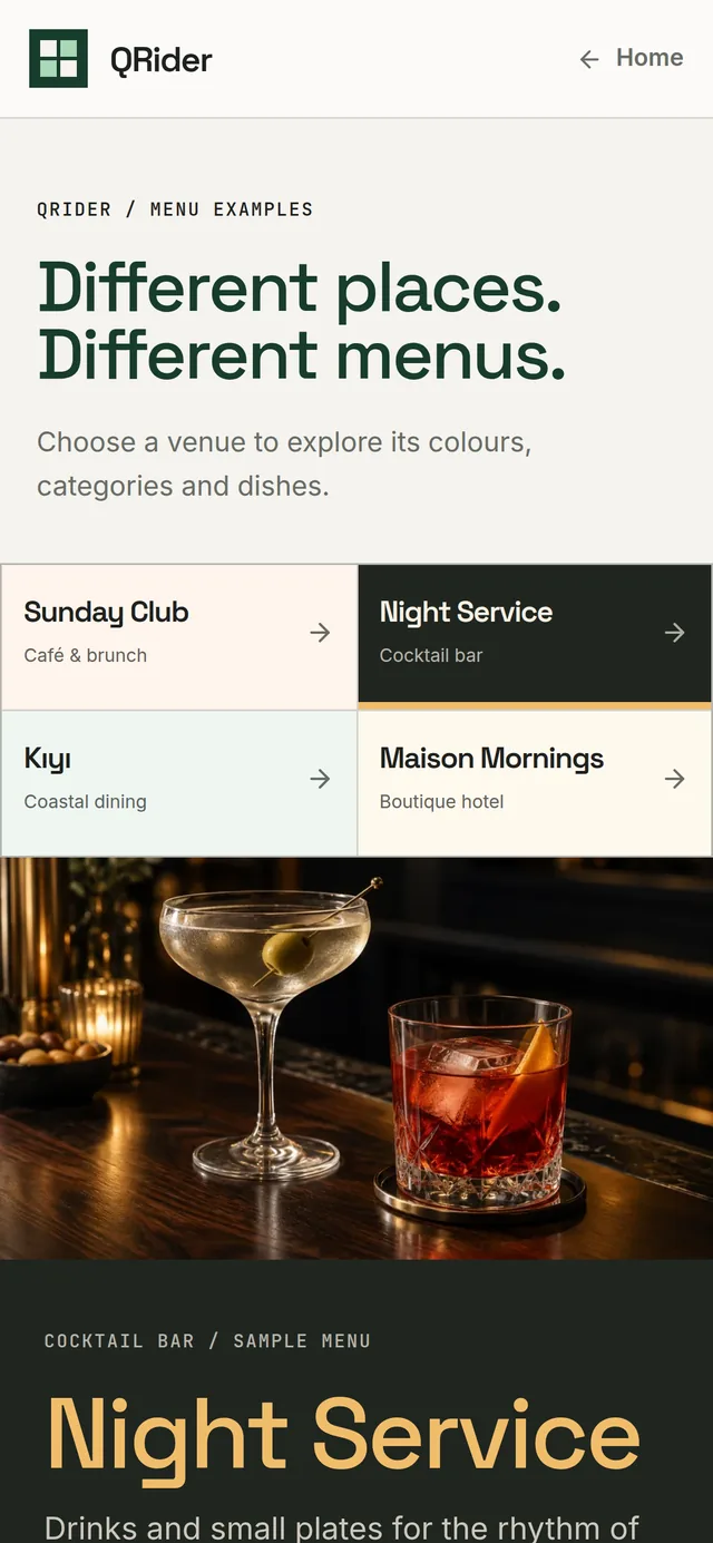 QRider sample menu for a cocktail bar on a phone